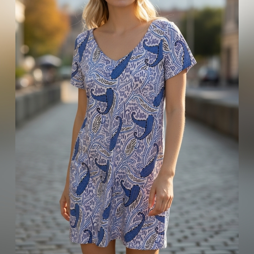 FRESH PRODUCE | Blue Paisley Cotton V-Neck Beachy Vacation Dress Swim Cover | L